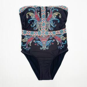 ATHENA Swimsuit One Piece Strapless Black Paisley Print Coastal Beach SZ 6 NWOT